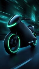 Futuristic black motorcycle with neon green lights speeding on a dark road.