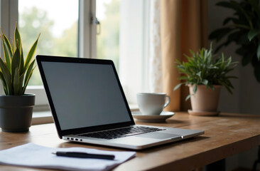Fototapeta premium Laptop Desk Office, remote work on notebook, open space center. AI Generative