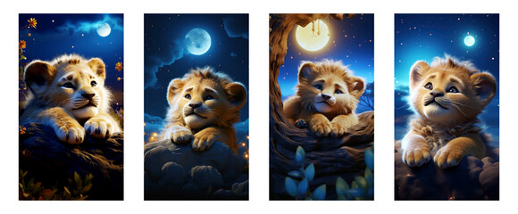 Adorable Baby Lyon in Enchanted Night Scene for Kids' Room Posters on Transparent Background