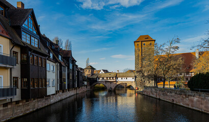 Naklejka premium Beautiful autumn view of the river, sights of Nuremberg. Germany.