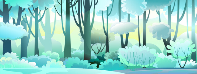 Frost and winter snow. Forest landscape. Cold weather. Beautiful blue. Scenery with trees. Fun cartoon style. Image vector