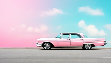 Obraz premium Pink retro car on a pink-blue with clouds background. Illustration by Generative AI.