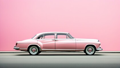 Pink retro car on a pink wall background. Illustration by Generative AI.