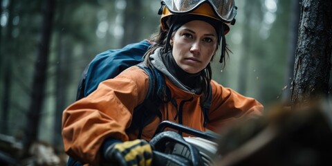 Female logger wearing operating saw in forest, concept of Timber harvesting