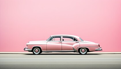 Obraz premium Pink retro car on a pink wall background. Illustration by Generative AI.