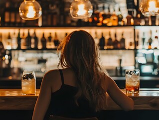 A woman in a black top sitting at the bar with drinks