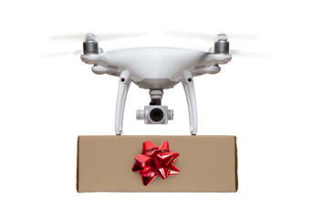 Unmanned UAV Drone Quadcopter Delivering A Package with a Red Bow Isolated. Transparent PNG.