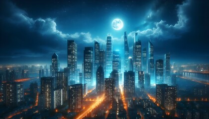 Fototapeta premium Futuristic Cityscape at Night with Full Moon