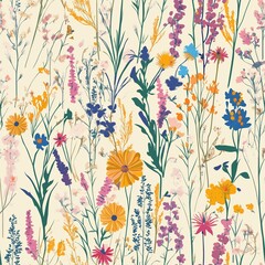Vibrant wildflower pattern with various colorful flowers on a light background