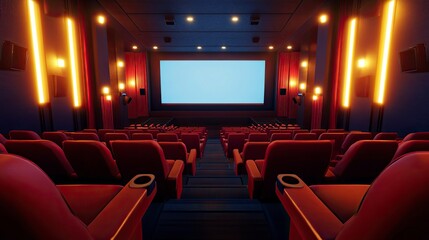 Fototapeta premium Movie Theater With Blank Screen And Red Seats - Cinema - Contain 3d Illustration. realistic.