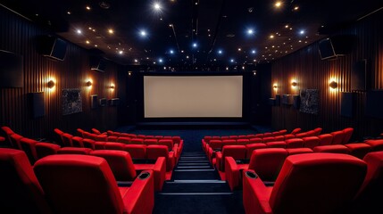 Fototapeta premium Movie Theater With Blank Screen And Red Seats - Cinema - Contain 3d Illustration. realistic.