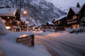 Fototapeta premium A picturesque winter scene featuring a snow-covered village street illuminated by warm lights, creating a cozy and inviting atmosphere amidst the chilly surroundings.