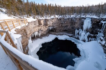 A breathtaking view of a frozen cave showcasing striking ice formations surrounded by a beautiful winter landscape filled with snow-covered trees and cliffs.