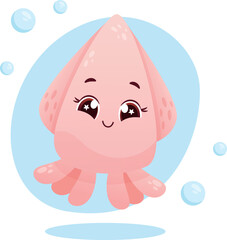Cute vector kawaii squid illustration for kids
