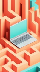Sleek laptop on vibrant orange and teal geometric maze background symbolizing digital navigation and innovation in technology and design