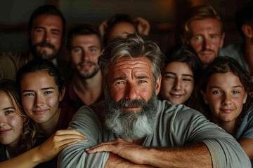 Fototapeta premium Smiling, Laughing Group of People of Different Ages and Genders, Some Wearing Glasses, Including One Well-Groomed Bearded Man, All Suffering from Wrist Pain