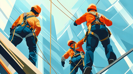 Workers Deploying Safety Equipment Like Guardrails, Safety Nets, and Fall Protection Systems --ar 16:94k image