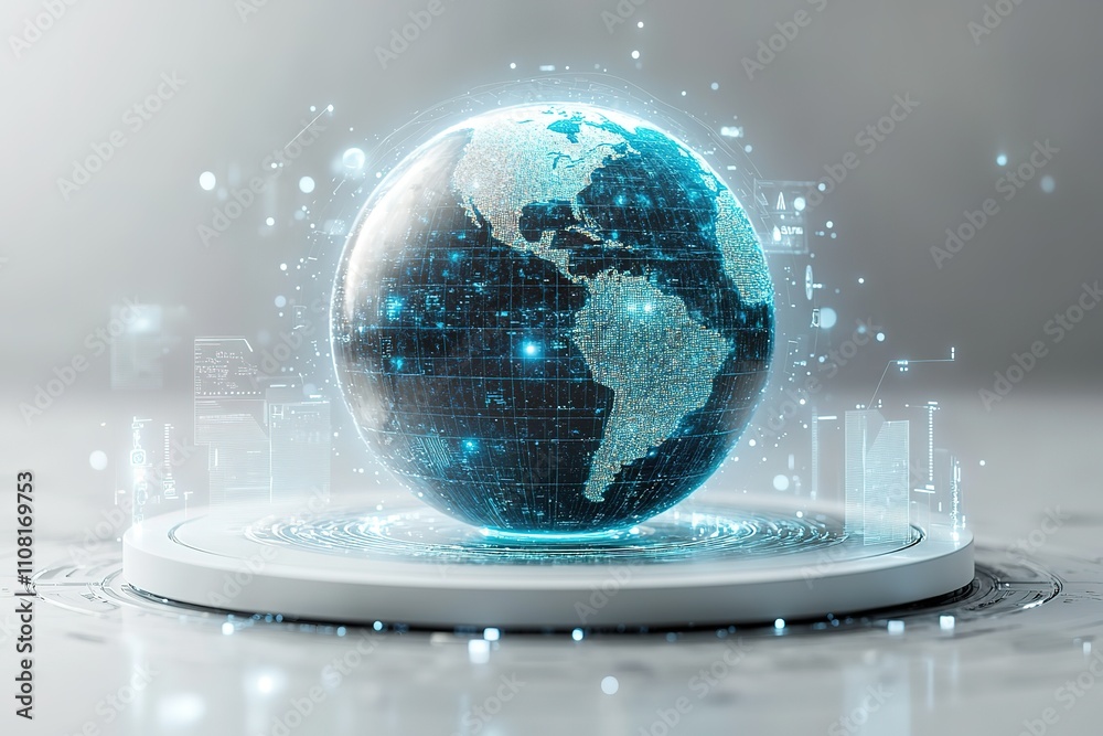 Fototapete a digital globe with glowing lines and data points hovers above a platform, embodying global connect