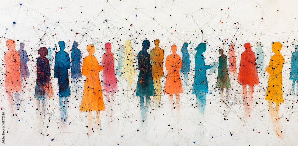 Poster colorful silhouettes of diverse individuals connected by lines in an abstract representation of soci