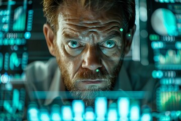 Determined Businessman Analyzing Financial Data in High-Tech Office Environment