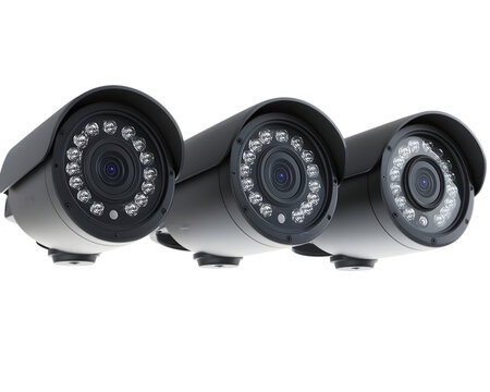 Three 3D Surveillance Cameras Showcasing Modern Security Systems, Transparent PNG