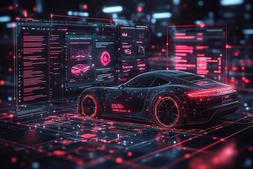 A futuristic sports car rendered in a wireframe model, displayed against a backdrop of digital data screens. The image evokes themes of automotive innovation and advanced technology.