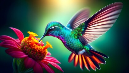 Fototapeta premium Hummingbird Feeding from a Colorful Flower