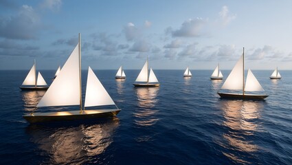 Fototapeta premium Fleet of illuminated sailboats on calm ocean at dusk. Tranquility concept