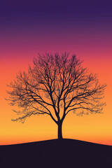 A lone tree silhouette against a gradient orange and purple sky