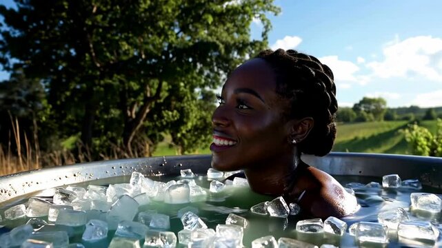 Black Woman Taking Ice Bath in Outdoor Metal Tub in Sunny Garden