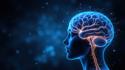 Obraz premium Image depicts a human head with an illuminated brain section and highlighted vns (vagus nerve stimulation) area against a dark background with blue accents.
