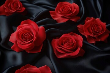 Obraz premium Red roses lay on black silk sheets. Romantic, elegant display. Deep rich color of roses contrasts beautifully with dark fabric. Beautiful flower arrangement suitable for wedding invitations romantic