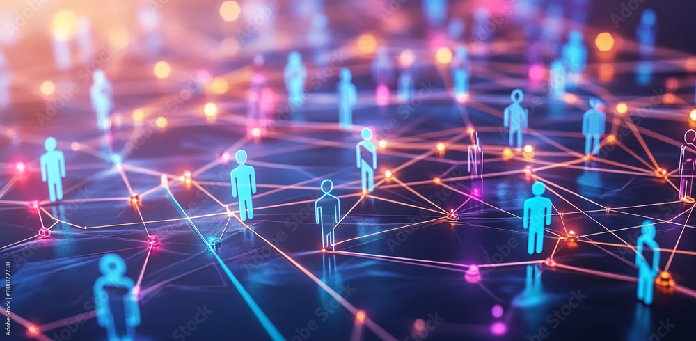 Poster Digital network visualization connecting people through vibrant lines of light during a virtual collaboration
