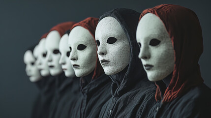 The image features a line of figures wearing white, expressionless masks with black eyes. They are...