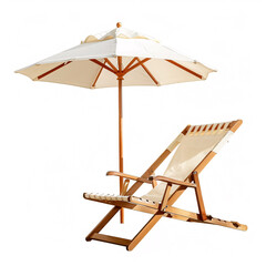 Deck Chair with an Umbrella Isolated on White Background: A deck chair and umbrella, isolated on a white background.