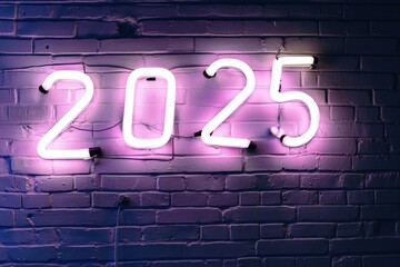 Neon numbers '2025' glowing brightly on a painted brick wall, featuring industrial-style aesthetics with visible wiring and vibrant purple-pink tones creating a modern urban vibe