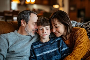 A 12-year-old boy with short brown hair between his mom with straight brown shoulder-length hair and his dad, on a cozy sofa, warm indoor light, relaxed family moment, medium close-up 6