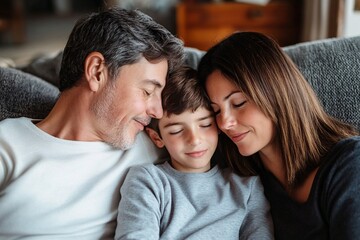 A 12-year-old boy with short brown hair between his mom with straight brown shoulder-length hair and his dad, on a cozy sofa, warm indoor light, relaxed family moment, medium close-up 2