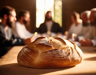a close up of bread at the last supper with the apostles softly blurred in the background
