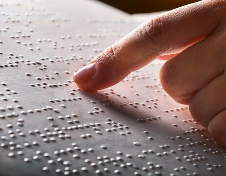 close up of a hand gently reading braille touch and sensory learning concept