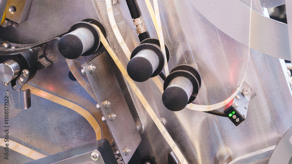 Poster fragment of the conveyor of sticking labeling machine. abstract industrial background.