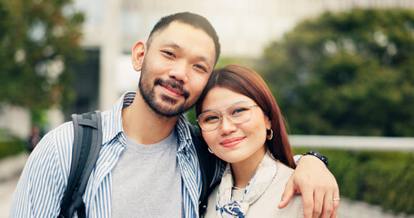 Fototapeta premium Japan, portrait and couple in city, love and bonding together with relationship. Romance, man and woman in park, trust and marriage with nature, travel and commitment with weekend break and care