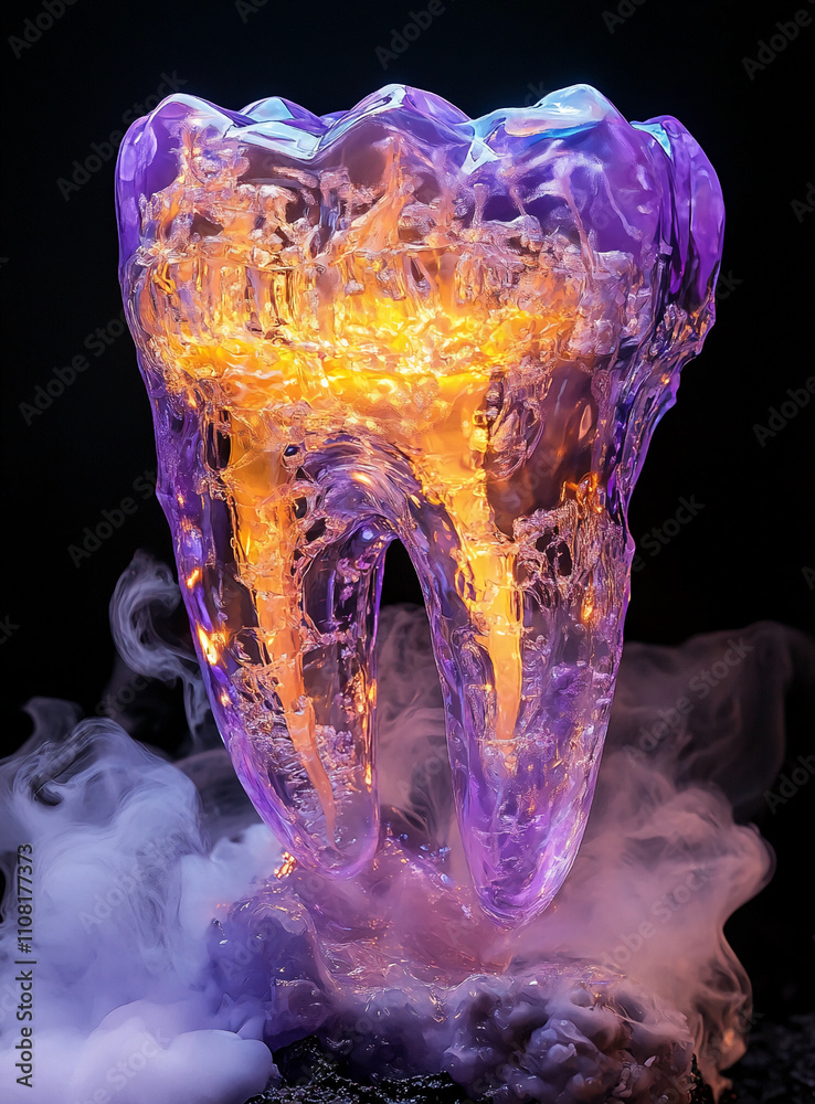 Aufkleber unique translucent tooth sculpture with glowing elements surrounded by mist