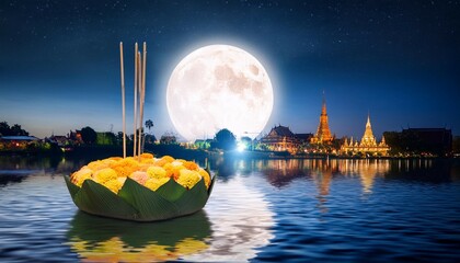 loy krathong festival background design kratong on the river full moon and festival temple fair