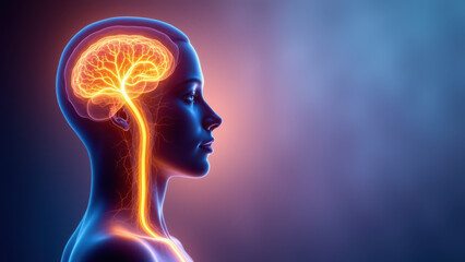 Obraz premium VNS - Vagus Nerve Stimulation, with an illustration of a human head showing the brain, nerves, and spine.