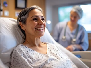 Fototapeta premium A smiling woman in a hospital bed is comforted
