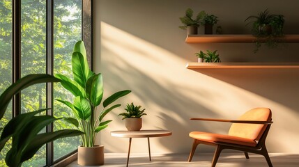 Fototapeta premium Sunlit room with armchair, plants, and shelves.