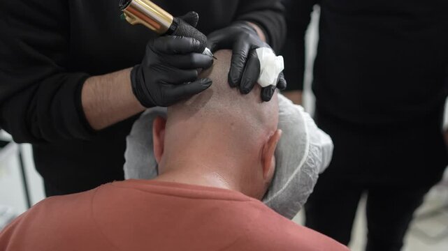 Toma 4k detalle de tecnico de micropigmetacion realizando trabajos en persona sin cabello