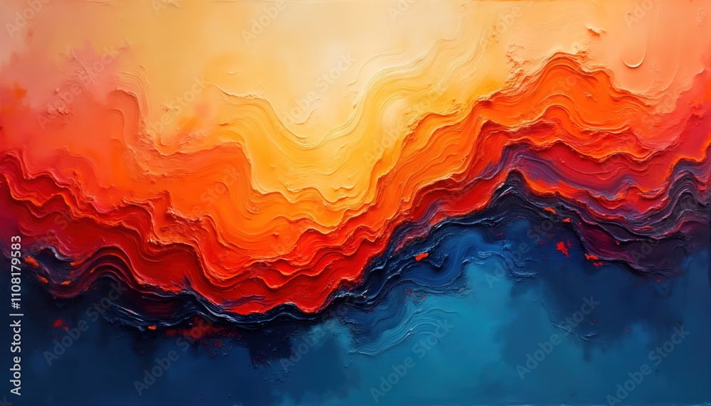 Poster abstract painting with vibrant orange red, blue colors. oil paint strokes create dynamic layers. sea
