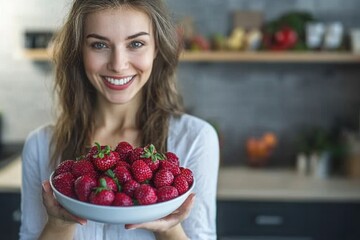 Woman happily showing a bowl of fresh strawberries in her modern kitchen, embracing healthy eating habits with a radiant smile